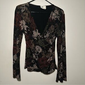 J.B.S. Vintage Embellished Fitted Faux Wrap Rusched Blouse Size Medium